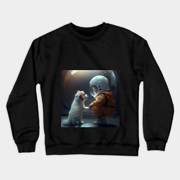 Out-of-this-World Artwork: Puppy and Kid Space Adventure Crewneck Sweatshirt by Leynee